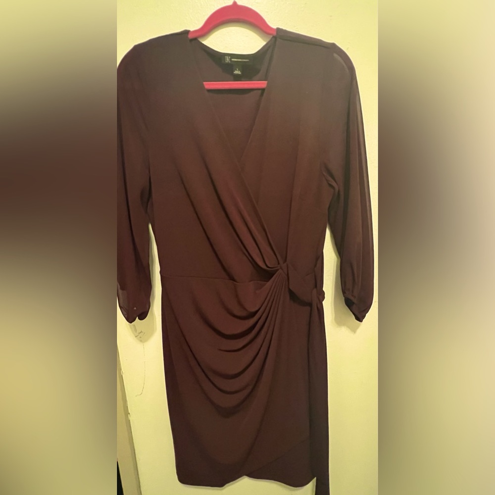 INC maroon cocktail dress like new size large. Sheer sleeves.